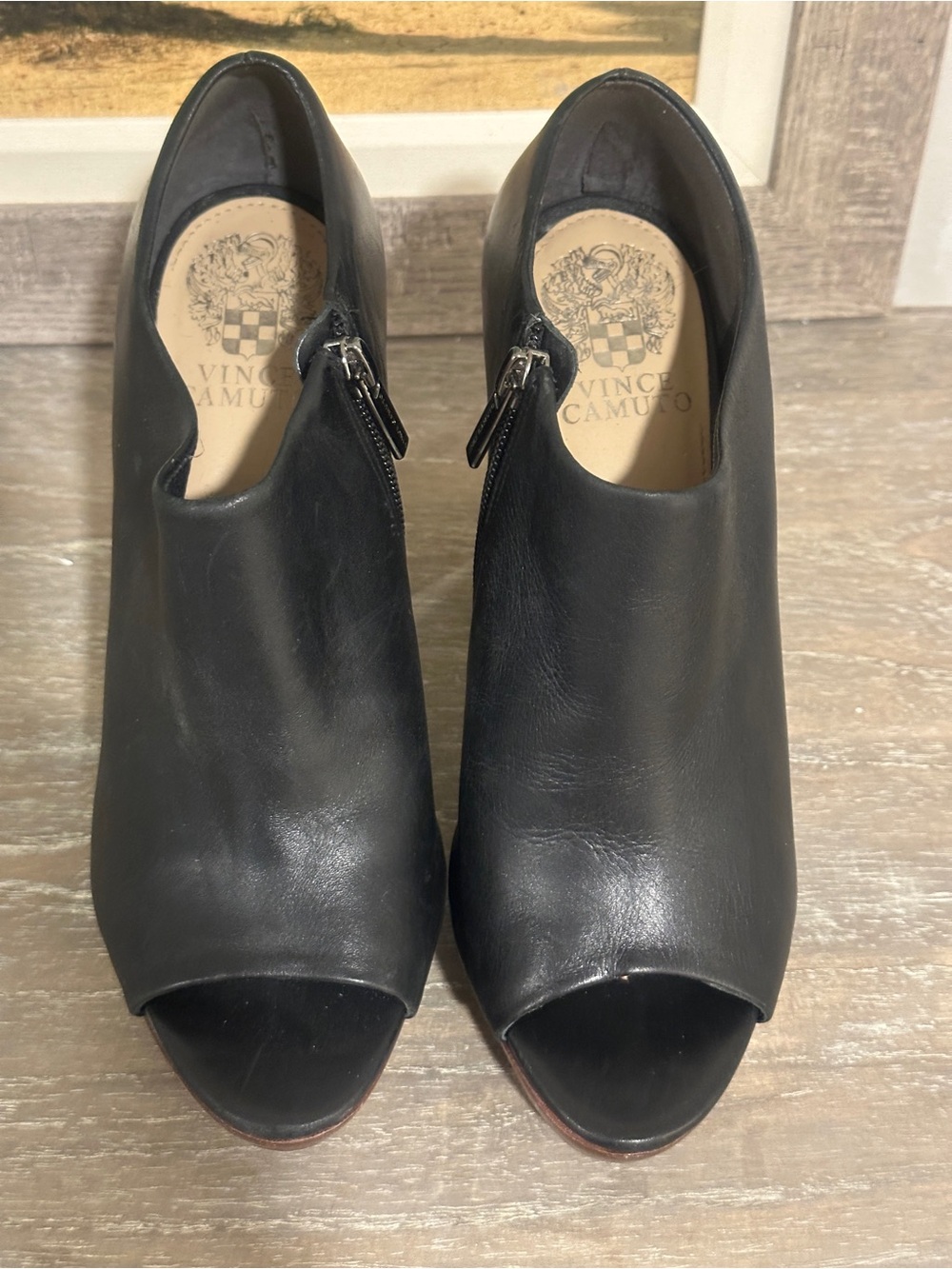 Vince Camuto Black Leather Peep-Toe Mule Booties